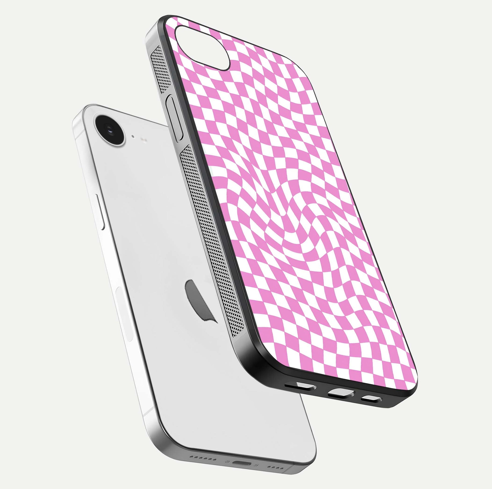 Bubblegum Check Wave iPhone 16e glass phone case floating view emphasizing premium glass finish and vibrant design