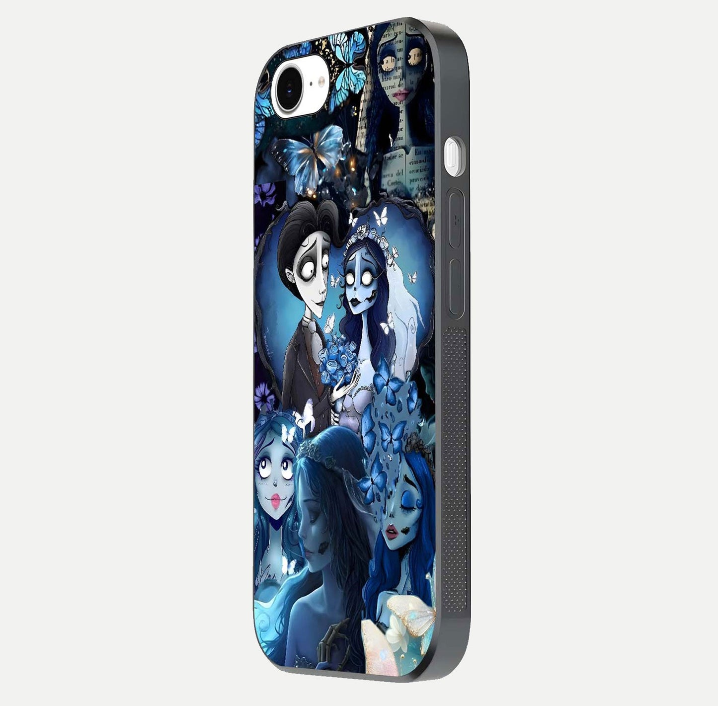 Butterfly Ghost Soul Glass Case for iPhone 16e side-angle image capturing edge light and deep design tones