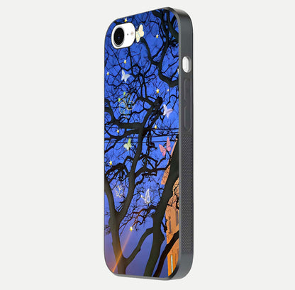 Butterfly Night Magic Glass Case for iPhone 16e side-angle view capturing butterfly contrast and glossy depth