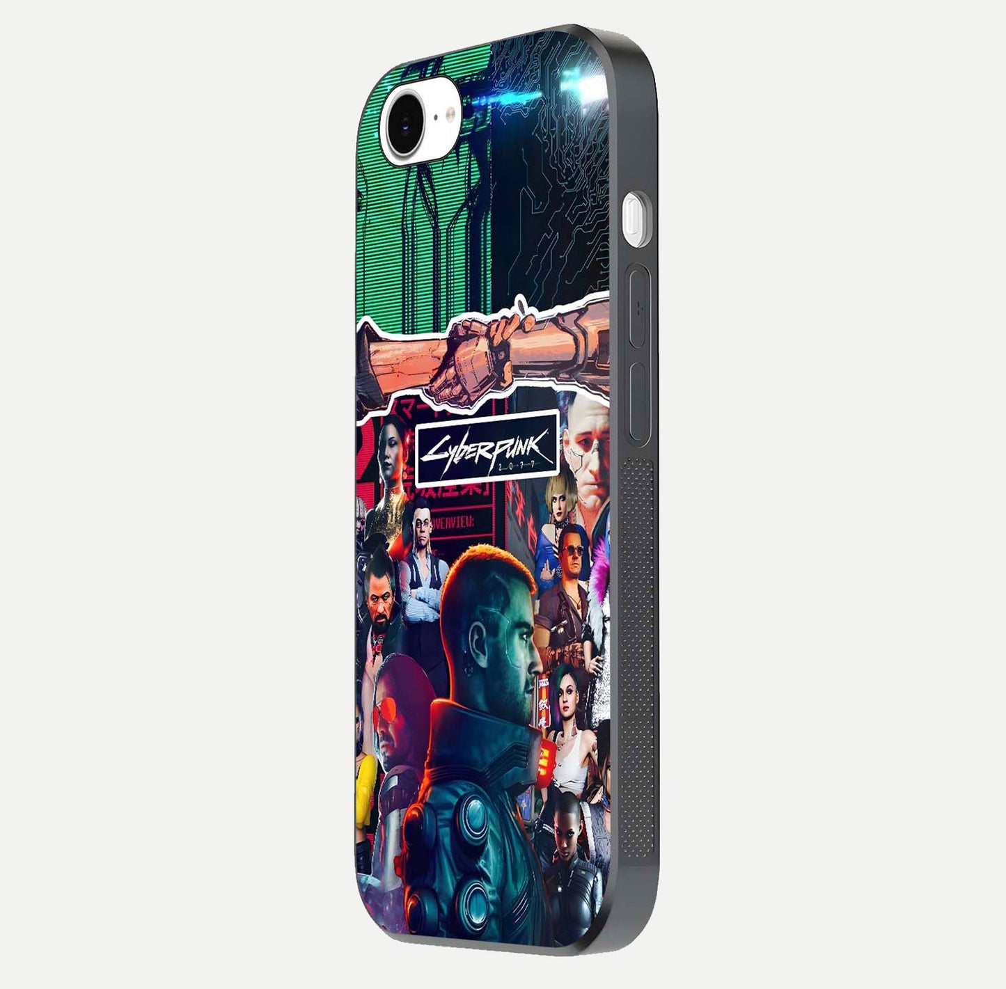 CYBERPUNK Legacy Glass Case for iPhone 16e side-angle photo showing edge glow and reflective surface