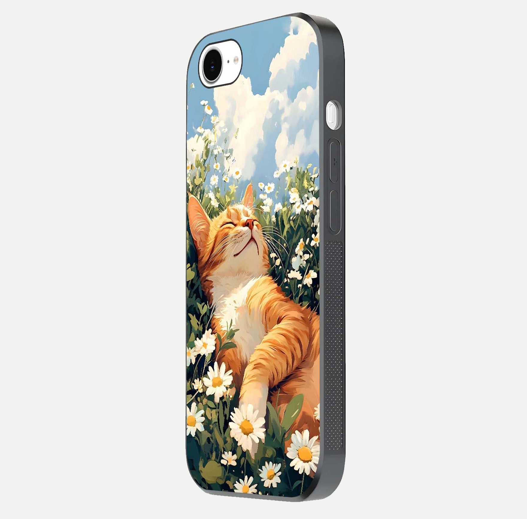 Cat & Flowers View Glass Case for iPhone 16e side-angle image capturing cat print clarity and gloss tone