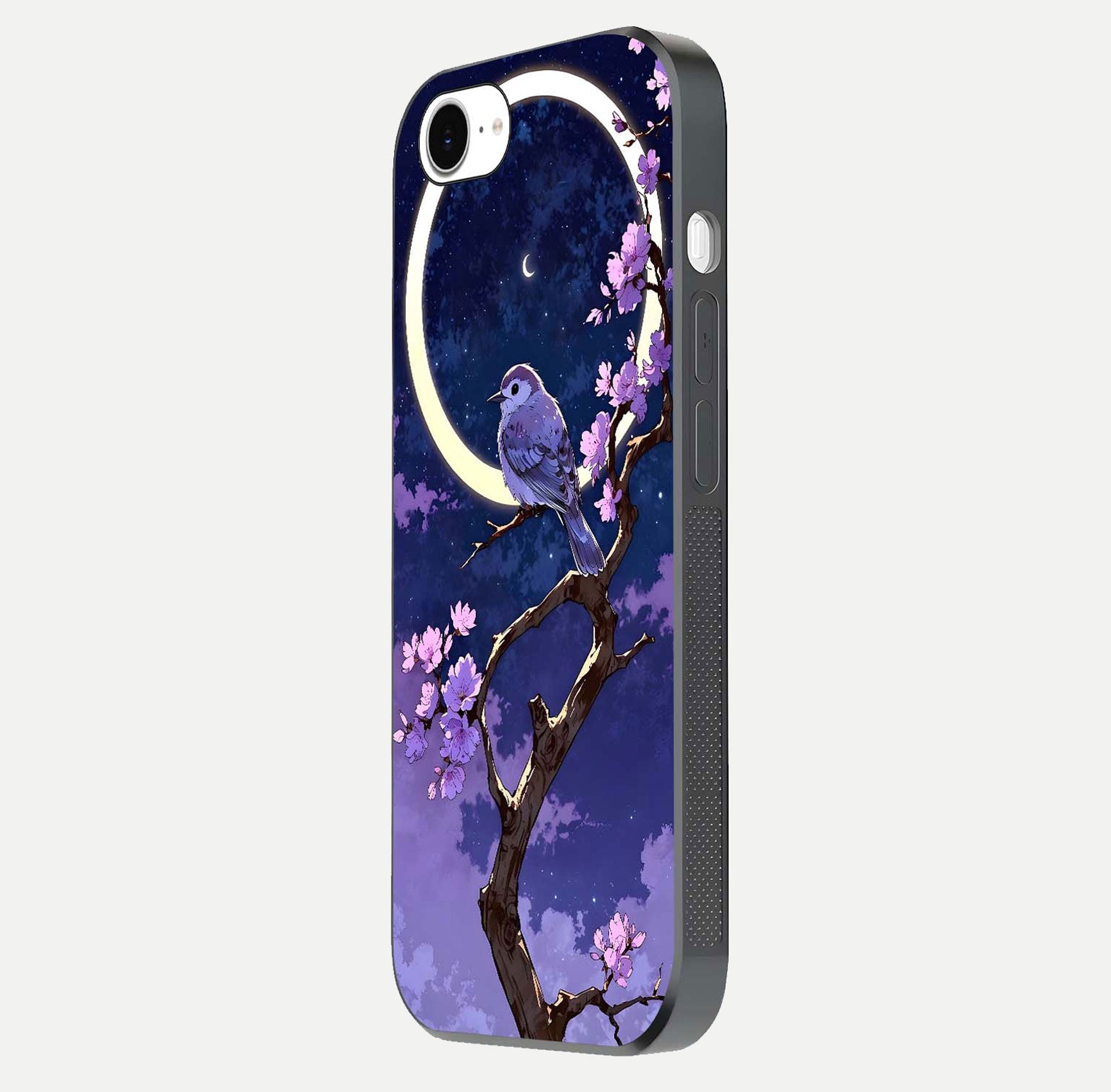 Celestial Bird Blossom Glass Case for iPhone 16e side-angle image showing detailed wings and glossy polish