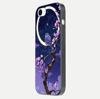 Celestial Bird Blossom Glass Case for iPhone 16e side-angle image showing detailed wings and glossy polish