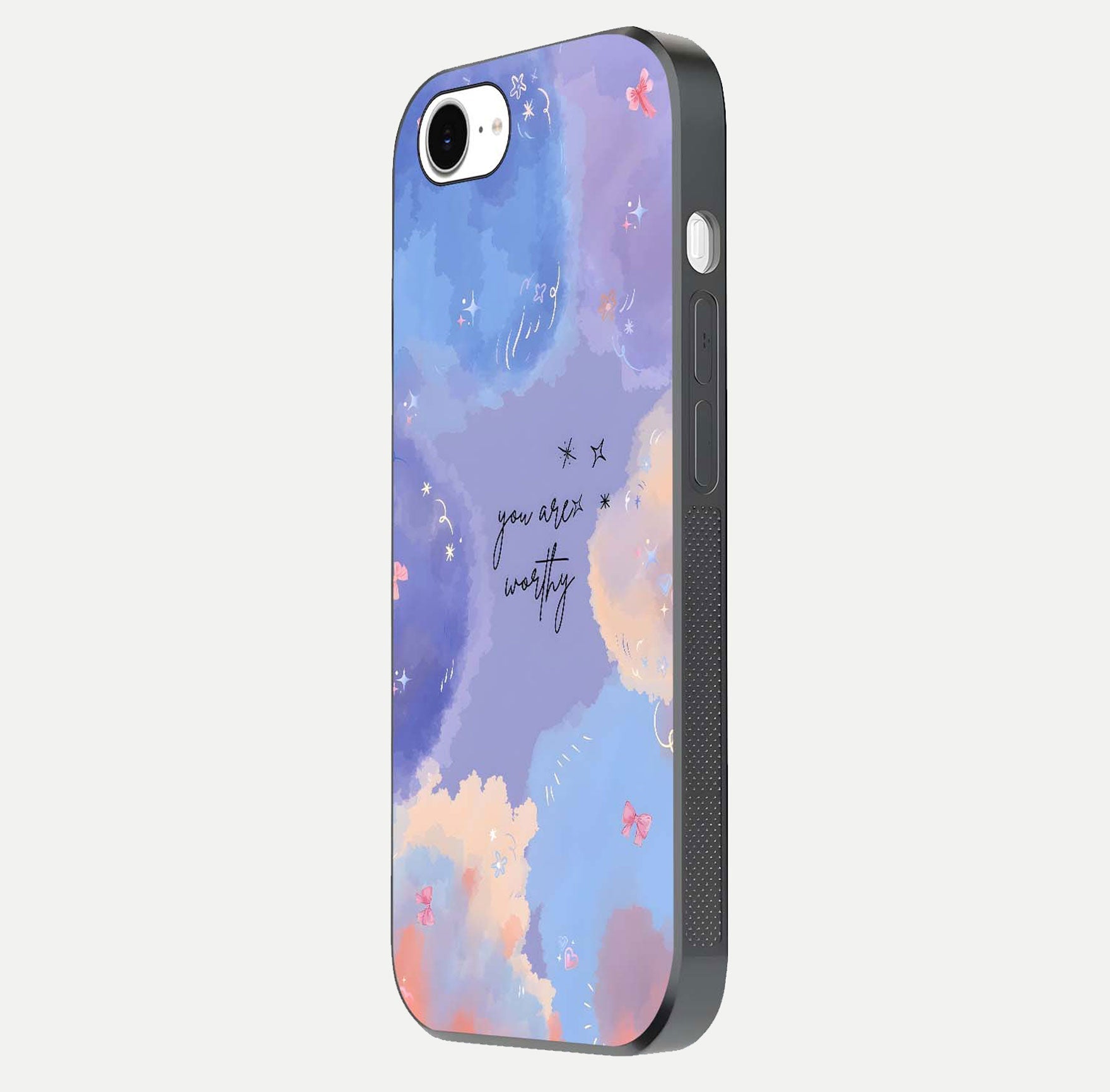 Celestial Cloud Magic Glass Case for iPhone 16e side-angle photo showing edge reflection and dreamy texture