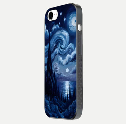 Celestial Dream Van Gogh Glass Case for iPhone 16e side-angle photo showing depth swirl design and curved reflection