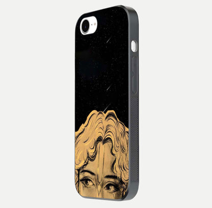 Celestial God’s Plan Glass Case for iPhone 16e side-angle image showing gloss, camera frame, and cosmic tones