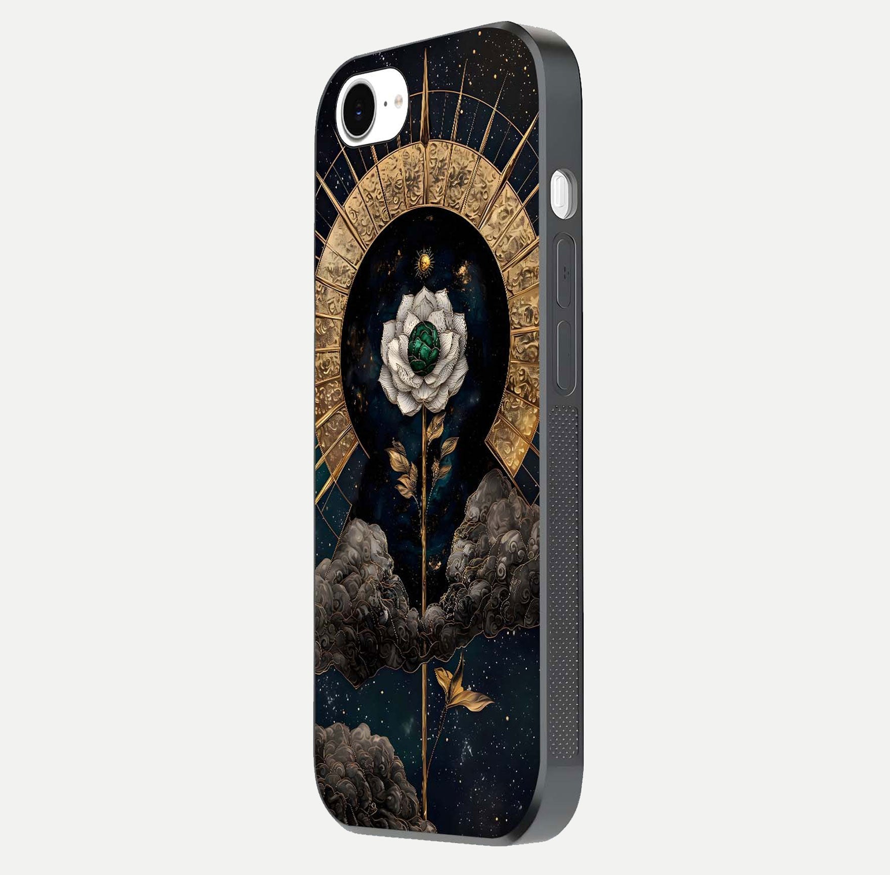 Celestial Lotus Morang Glass Case for iPhone 16e side-angle image capturing shine and smooth curvature