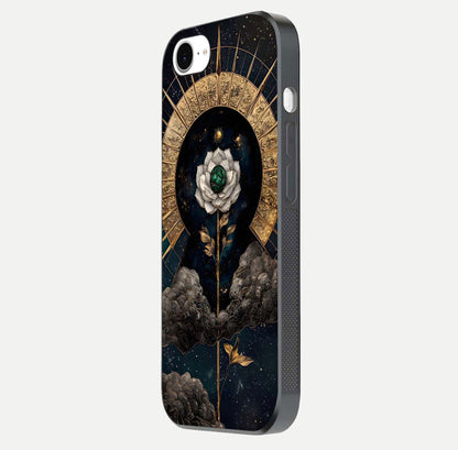 Celestial Lotus Morang Glass Case for iPhone 16e side-angle image capturing shine and smooth curvature