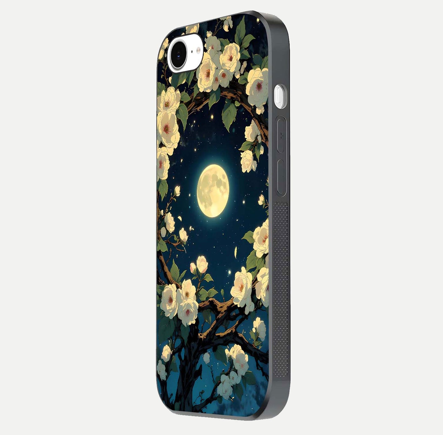 Celestial Moon & Flower Glass Case for iPhone 16e side-angle image showing edge smoothness and glow reflection