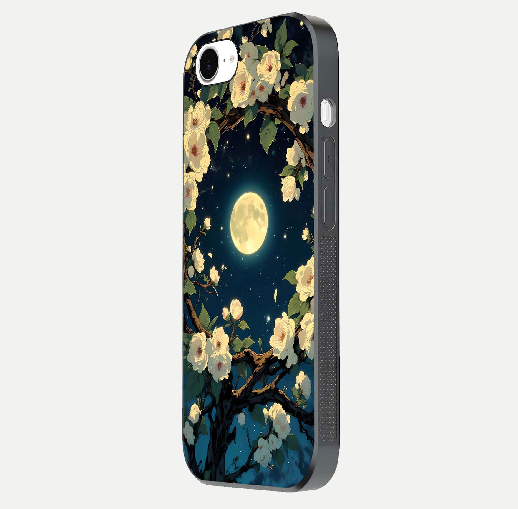 Celestial Moon & Flower Glass Case for iPhone 16e side-angle image showing edge smoothness and glow reflection