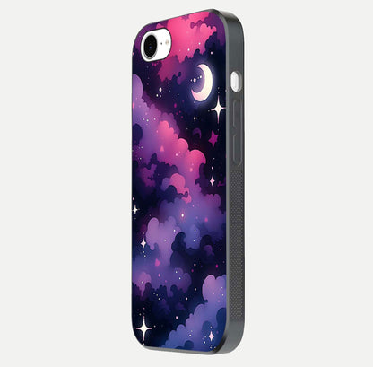 Celestial Moon Magic Glass Case for iPhone 16e side-angle shot capturing soft reflection and curved gloss