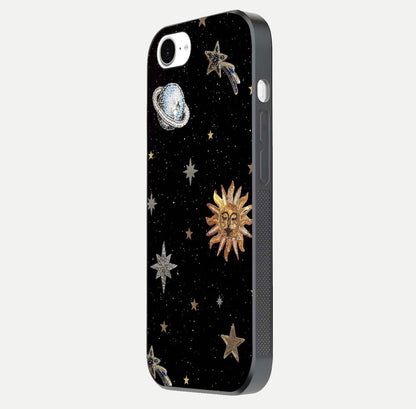 Celestial Moon With Stars Glass Case for iPhone 16e side-angle view showing curved edges and shimmer glow