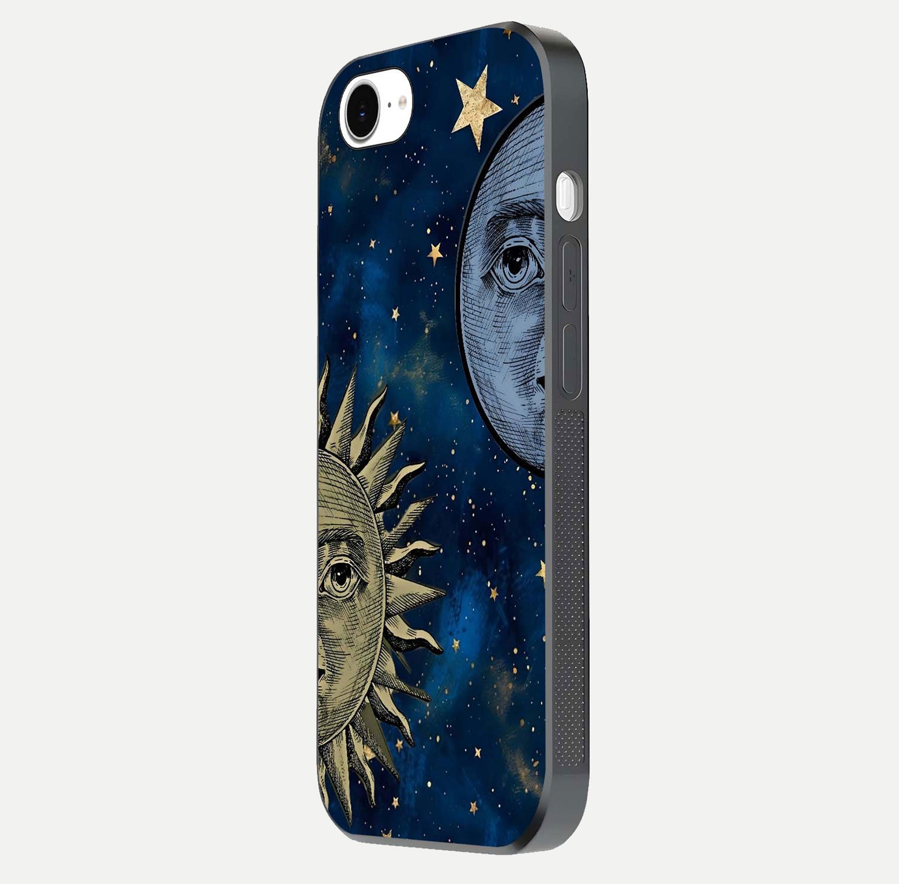 Celestial Moon With Sun Glass Case for iPhone 16e side-angle image showing reflection tones and cosmic edge
