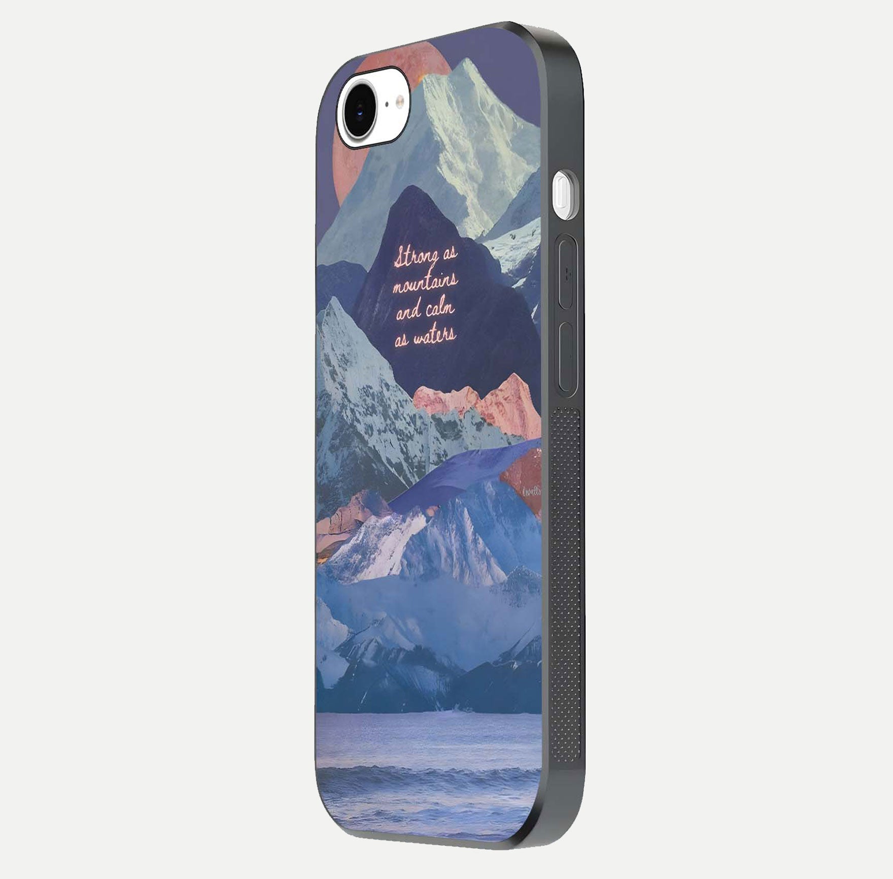 Celestial Mountain Calm Glass Case for iPhone 16e side-angle image capturing mountain detail and shine gradient
