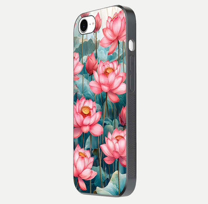 Celestial Pink Lotus Glass Case for iPhone 16e side-angle image showing reflective shine and petal curve