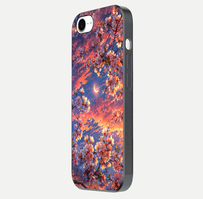 Celestial Sakura Sunset Glass Case for iPhone 16e side-angle image showing edge glow and petal texture