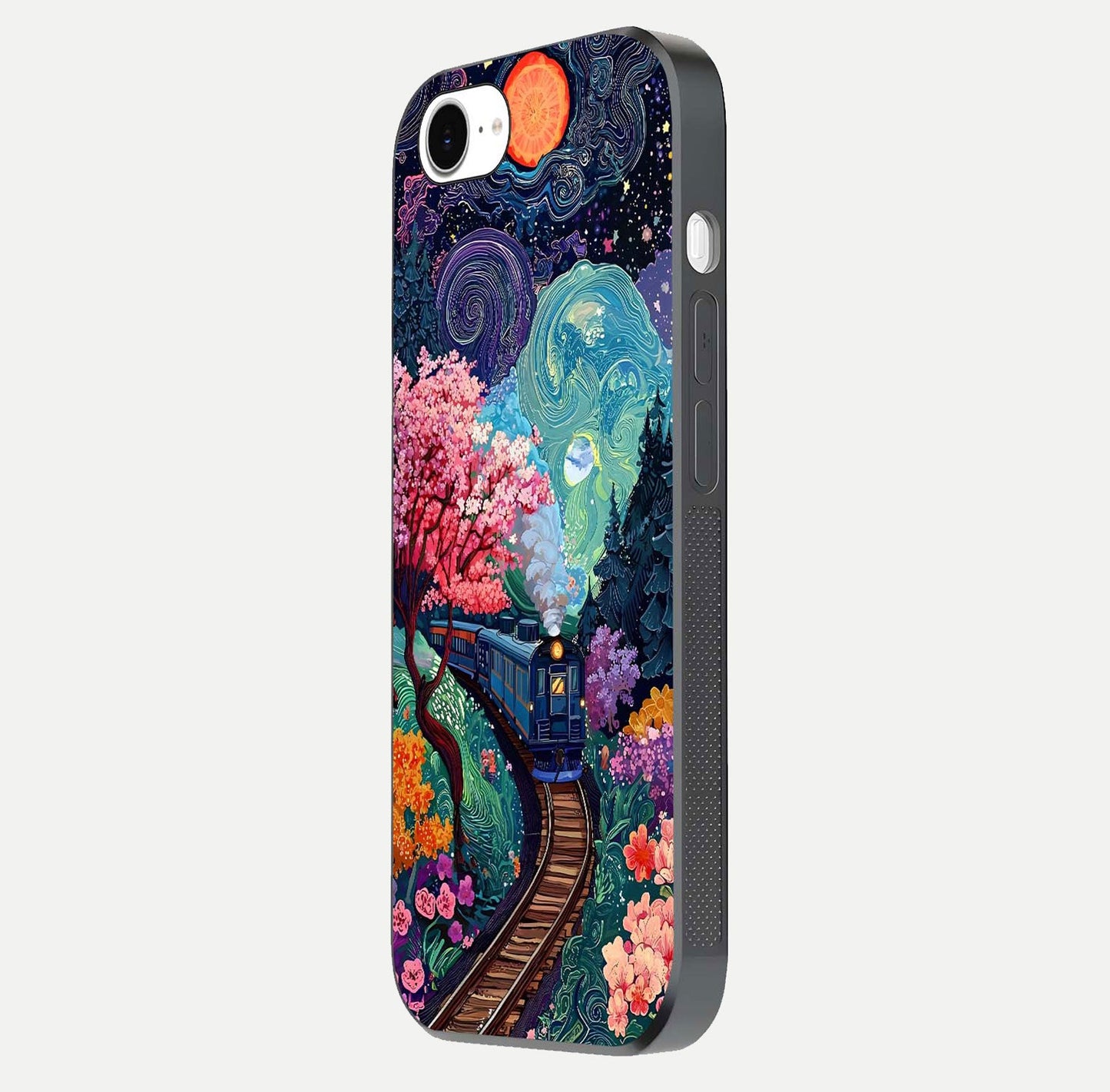 Celestial Train Journey Glass Case for iPhone 16e side-angle image showing polished curve and HD print detail