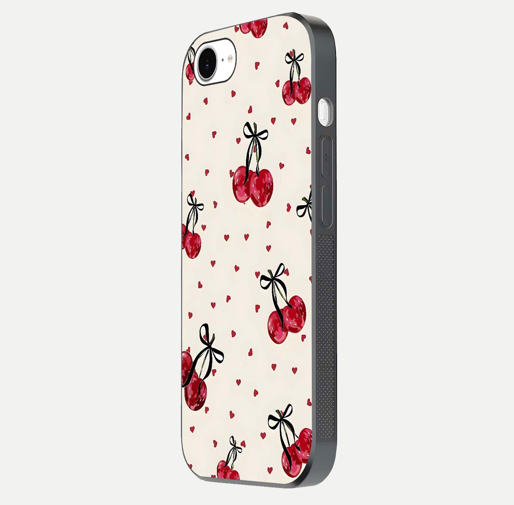 Cherry Heart Bow Glass Case for iPhone 16e side-angle image capturing gloss texture and charm bow art