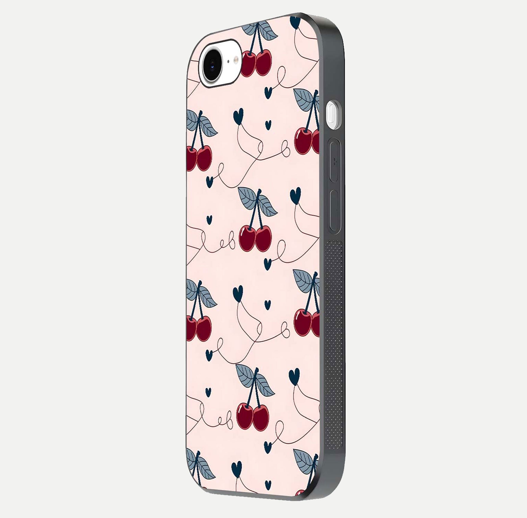 Cherry Heart Line Glass Case for iPhone 16e side-angle view capturing smooth curves and shine effect