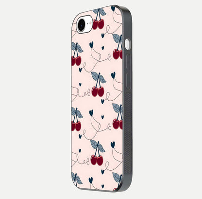 Cherry Heart Line Glass Case for iPhone 16e side-angle view capturing smooth curves and shine effect