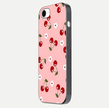 Cherry Love Mood Glass Case for iPhone 16e side-angle image capturing smooth gloss and delicate details