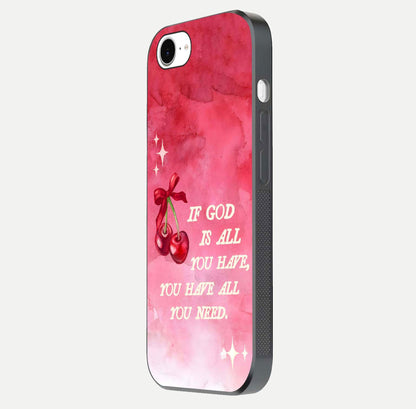 Cherry Quote Glass Case for iPhone 16e side-angle image showing curve glow and glass detail