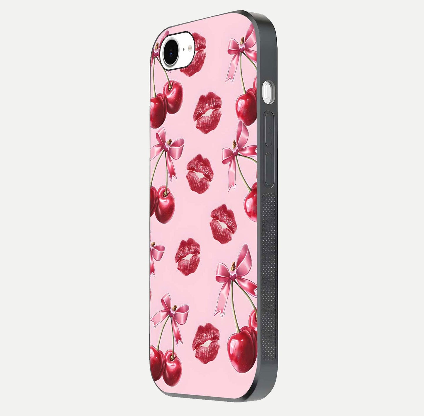 Cherry With Lips Glass Case for iPhone 16e side-angle image showing gloss reflection and fine details