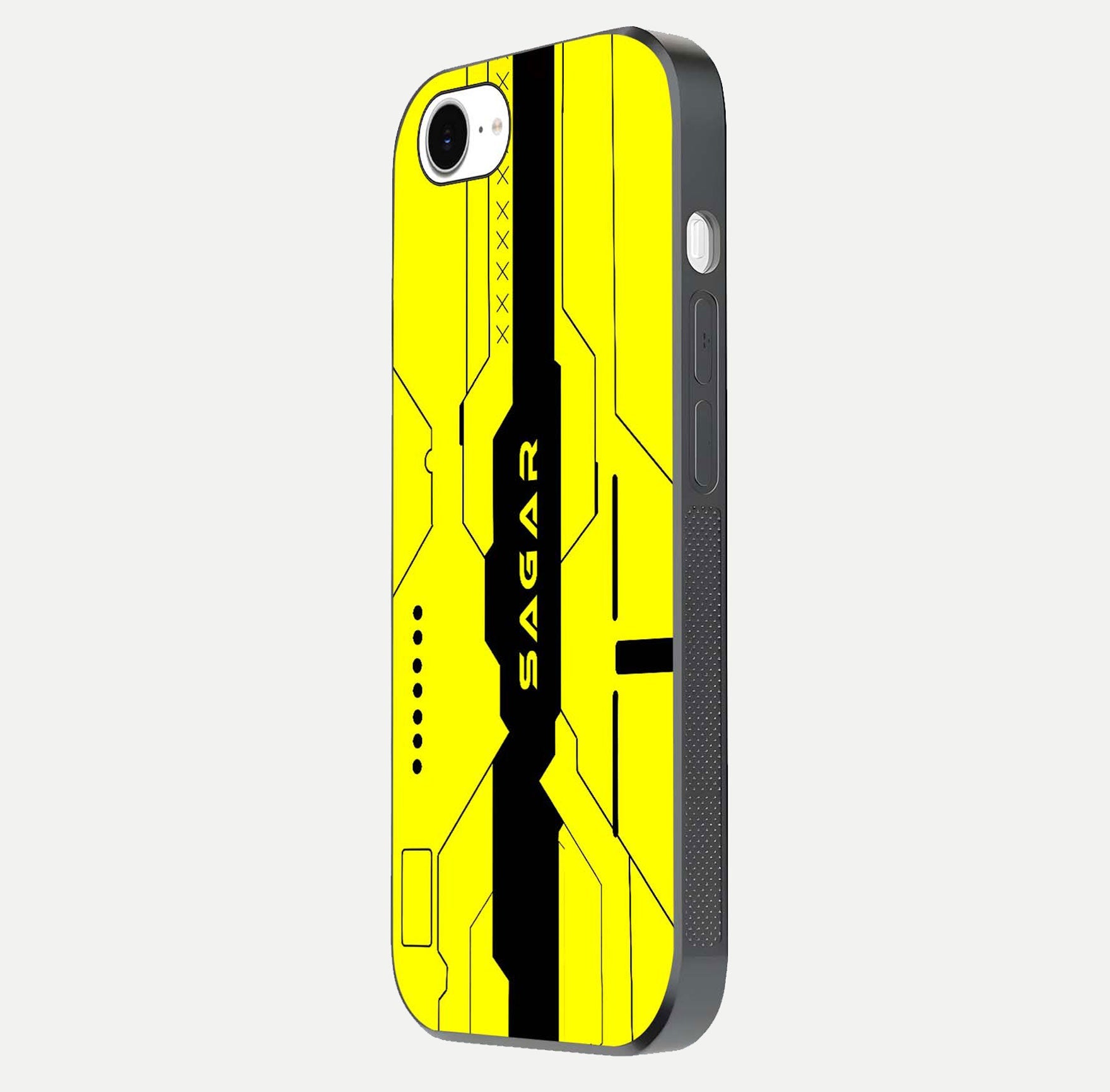 Circuit CYBERPUNK Custom Name Glass Case for iPhone 16e side-angle image showing reflective finish and design precision