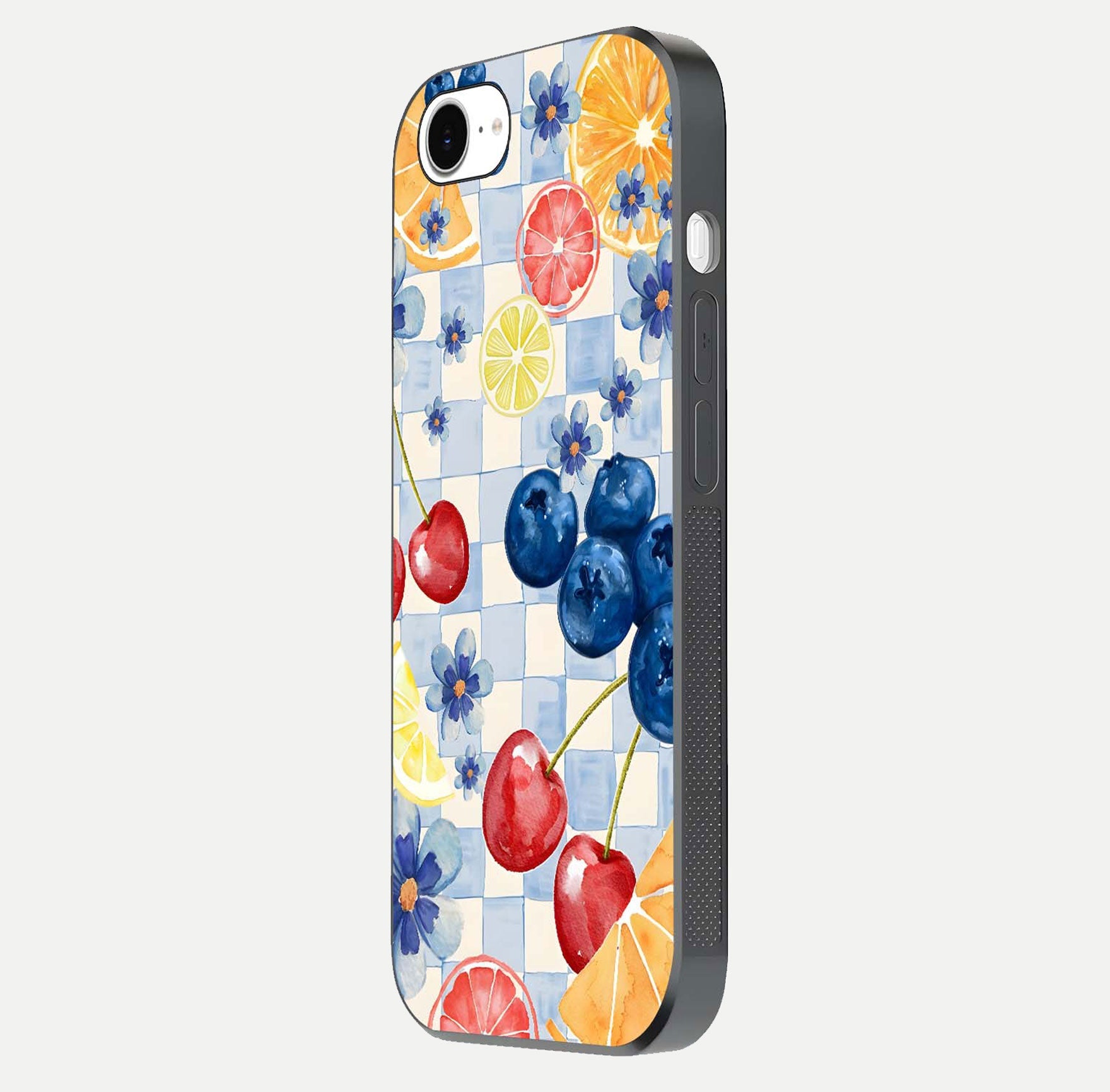 Citrus Bloom Joy Glass Case for iPhone 16e side-angle photo capturing bright color and glass reflection