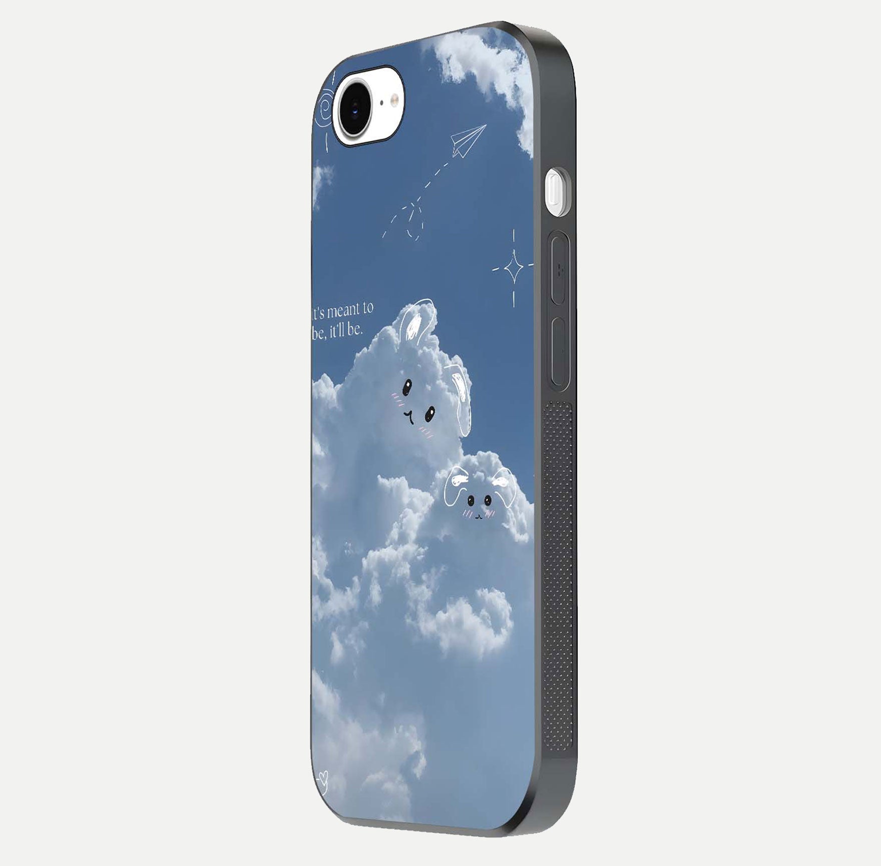 Cloud Bunny Dreams Glass Case for iPhone 16e side-angle image capturing gloss texture and edge glow