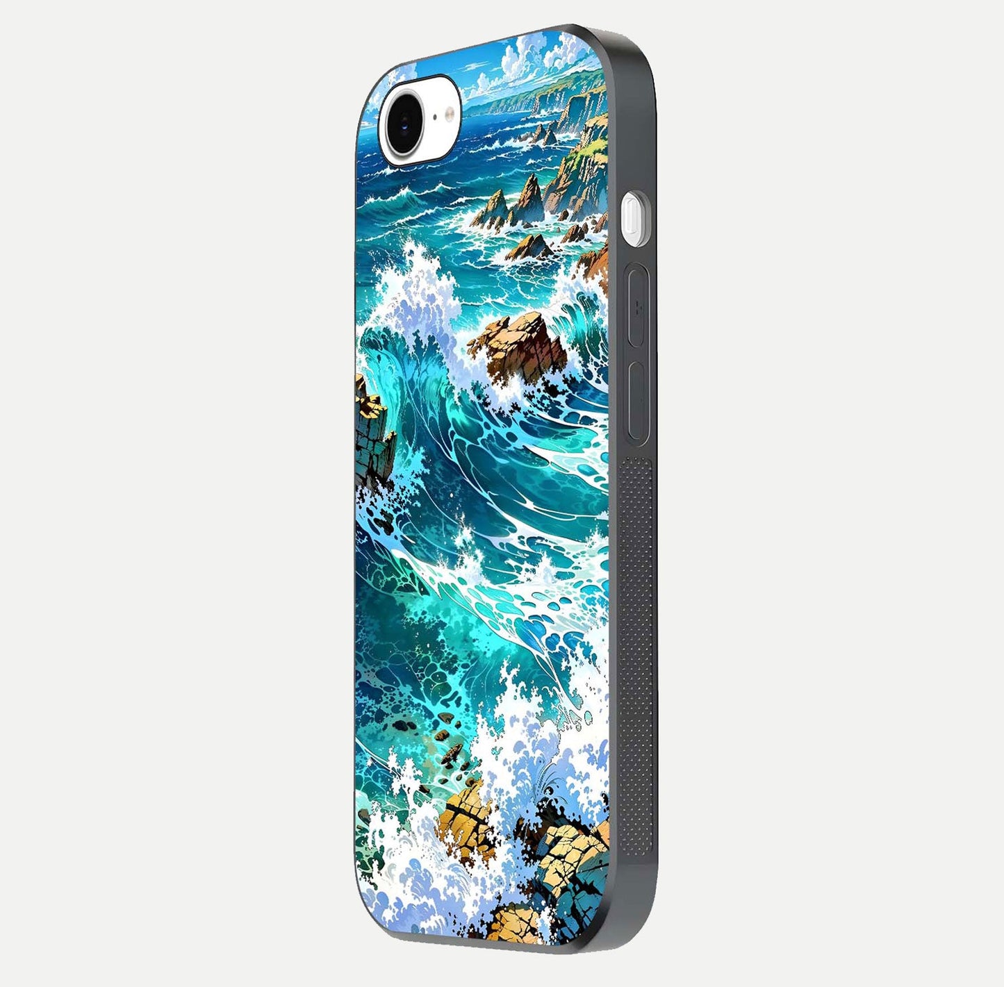 Coastal Blue Waves Glass Case for iPhone 16e side-angle photo showing gloss texture and color depth