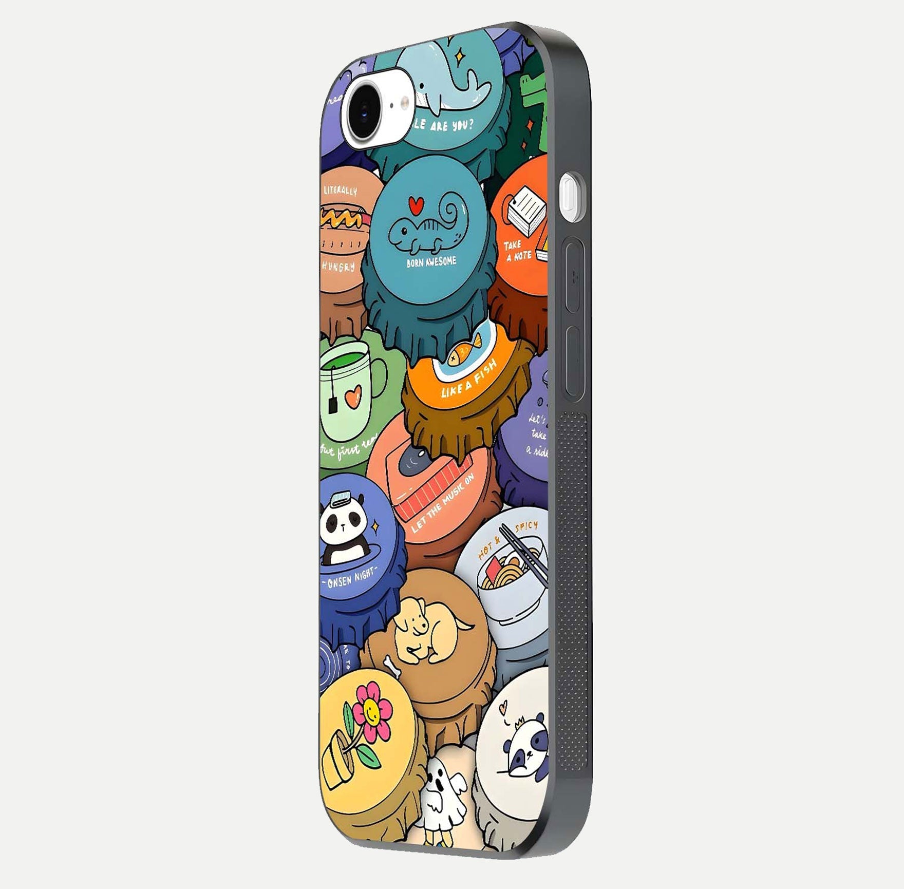 Coins Patterns Glass Case for iPhone 16e side-angle photo capturing shine finish and curve glow