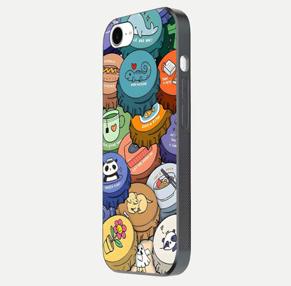 Coins Patterns Glass Case for iPhone 16e side-angle photo capturing shine finish and curve glow