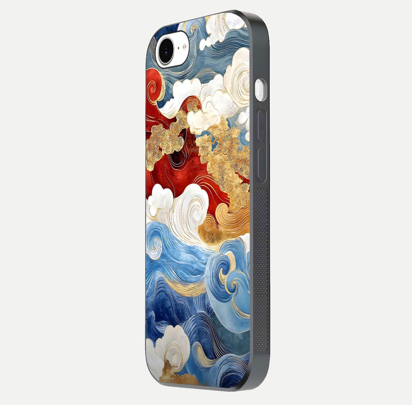 Colored Waves Glass Case for iPhone 16e side-angle image showing light reflection, edge design, and shine