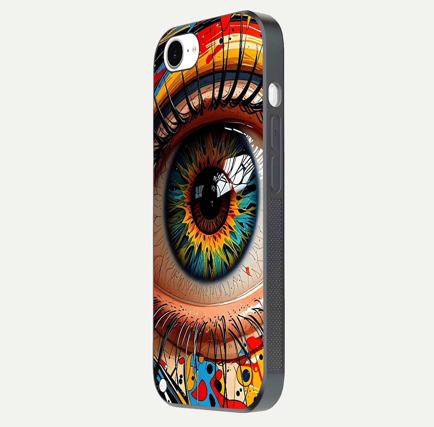 Colorful Eye Glass Case for iPhone 16e side-angle photo showing reflective surface and design detail