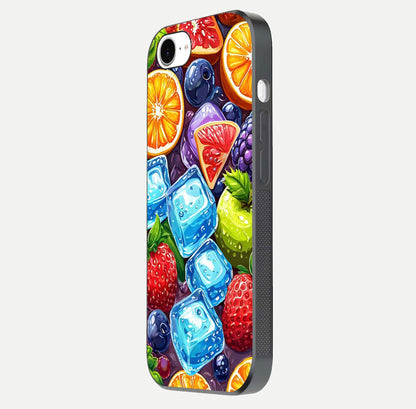 Colorful Fruits with Ice Glass Case for iPhone 16e side-angle photo showing curve gloss and vivid tones