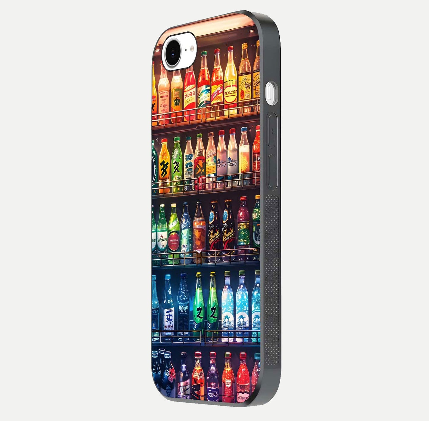 Colorful Soda Bottles Glass Case for iPhone 16e side-angle photo showing polish shine and texture depth