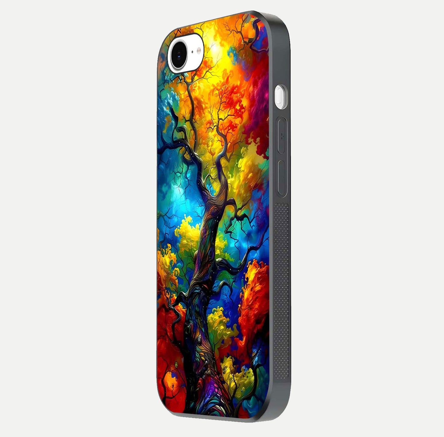 Colorful Tree Glass Case for iPhone 16e side-angle image showing curve reflection and fine print texture