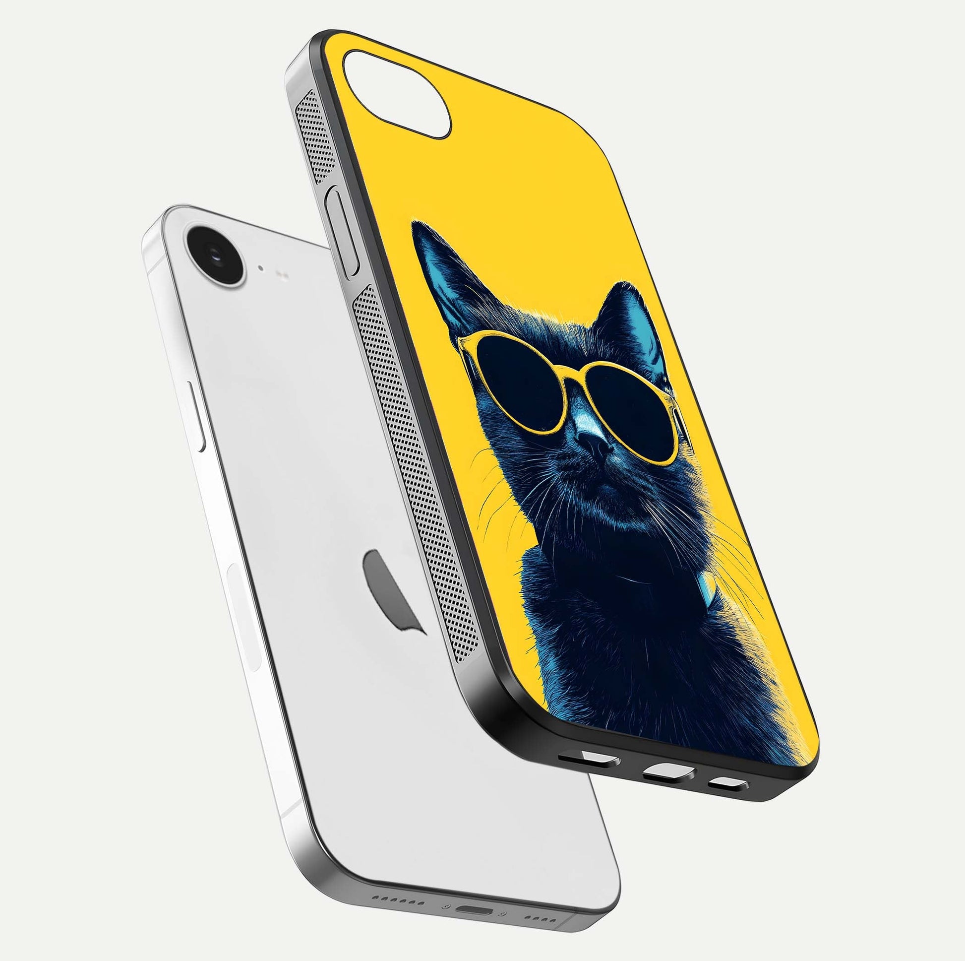 Cool Cat Vibes iPhone 16e glass phone case floating view emphasizing glossy finish and fun cat vibe