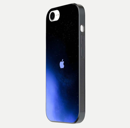 Cosmic Blue Apple Glass Case for iPhone 16e side-angle image showing curve polish and star detail