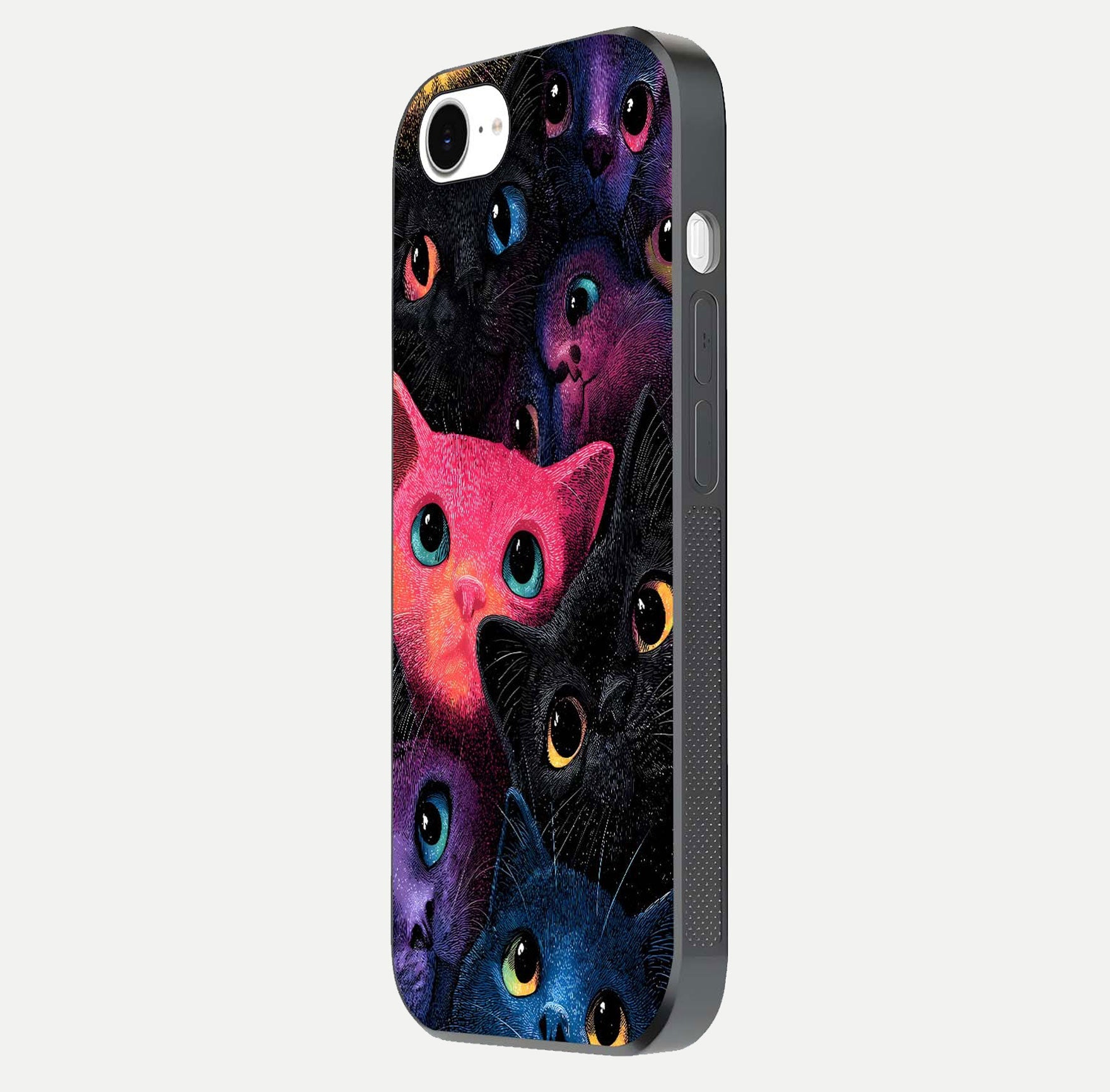 Cosmic Cats Dreams Glass Case for iPhone 16e side-angle photo showing edge gloss and color depth