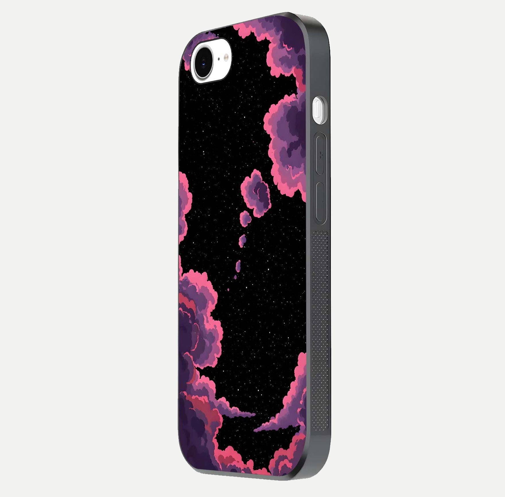 Cosmic Cloud Journey Glass Case for iPhone 16e side-angle photo showing glass reflection and smooth tone