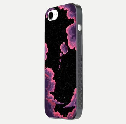 Cosmic Cloud Journey Glass Case for iPhone 16e side-angle photo showing glass reflection and smooth tone