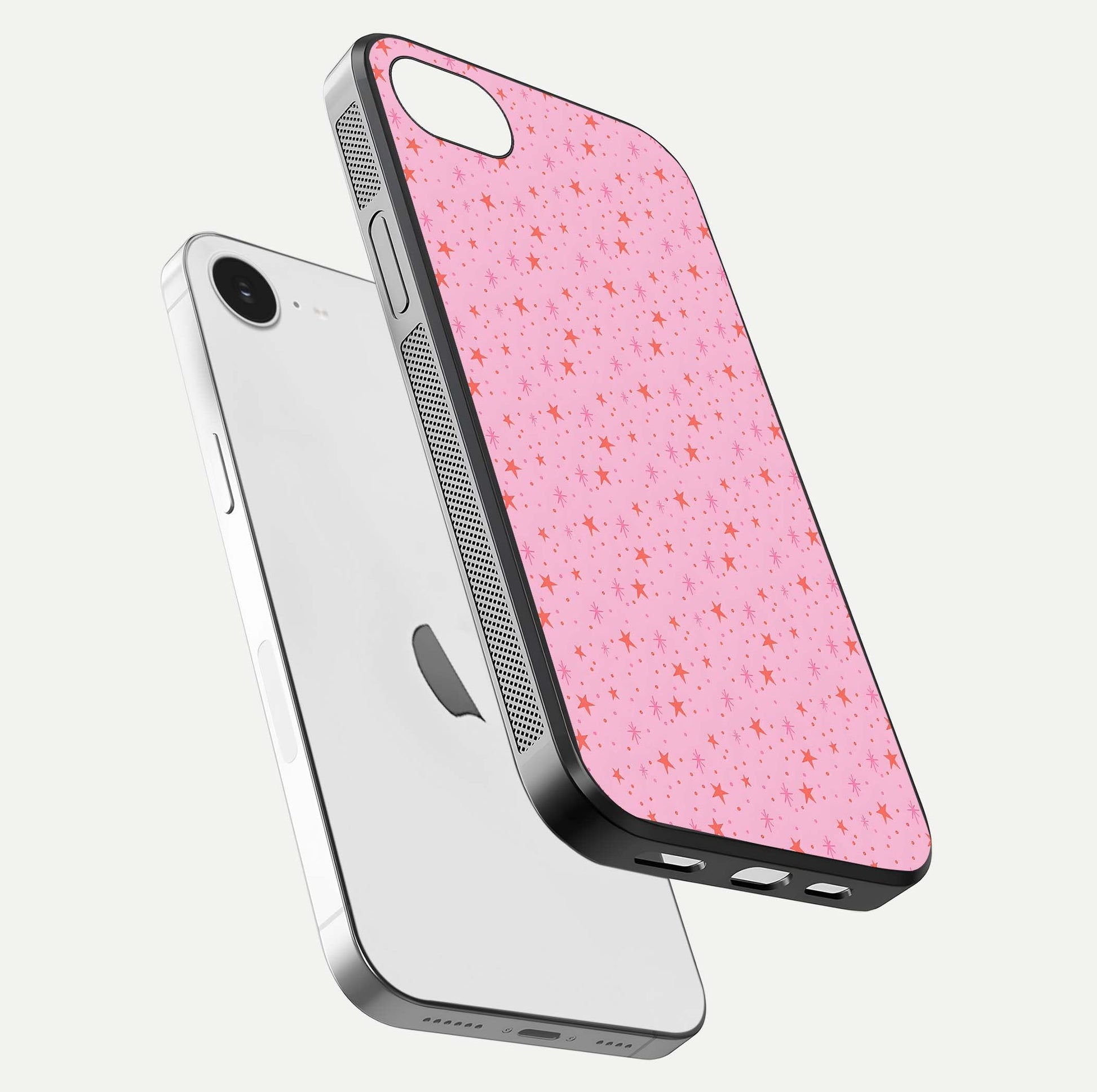 Cosmic Pink Sparkle iPhone 16e glass phone case floating view emphasizing premium glass surface and glittering details