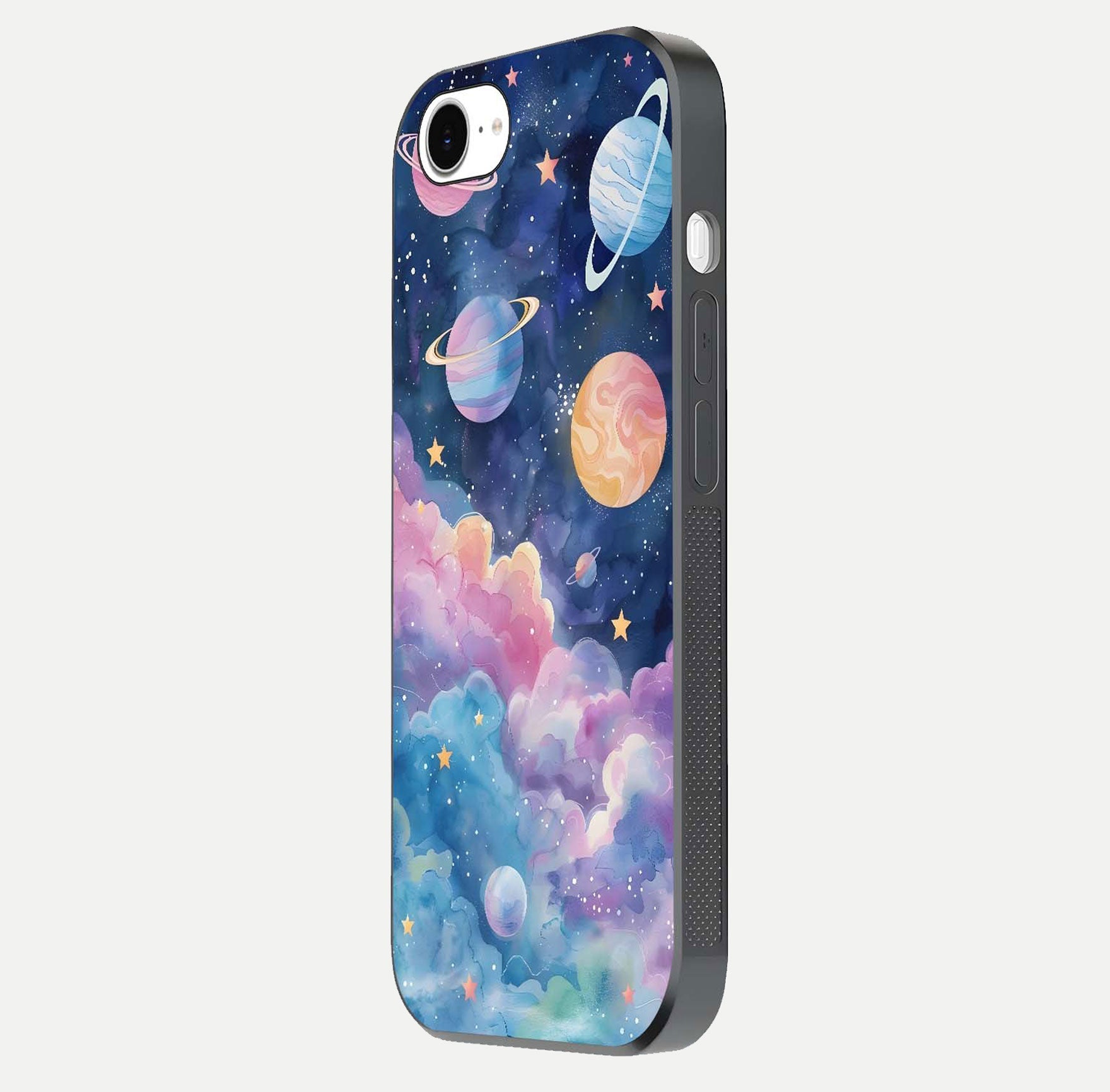 Cosmic Planet Dreams Glass Case for iPhone 16e side-angle image showing texture clarity and shine