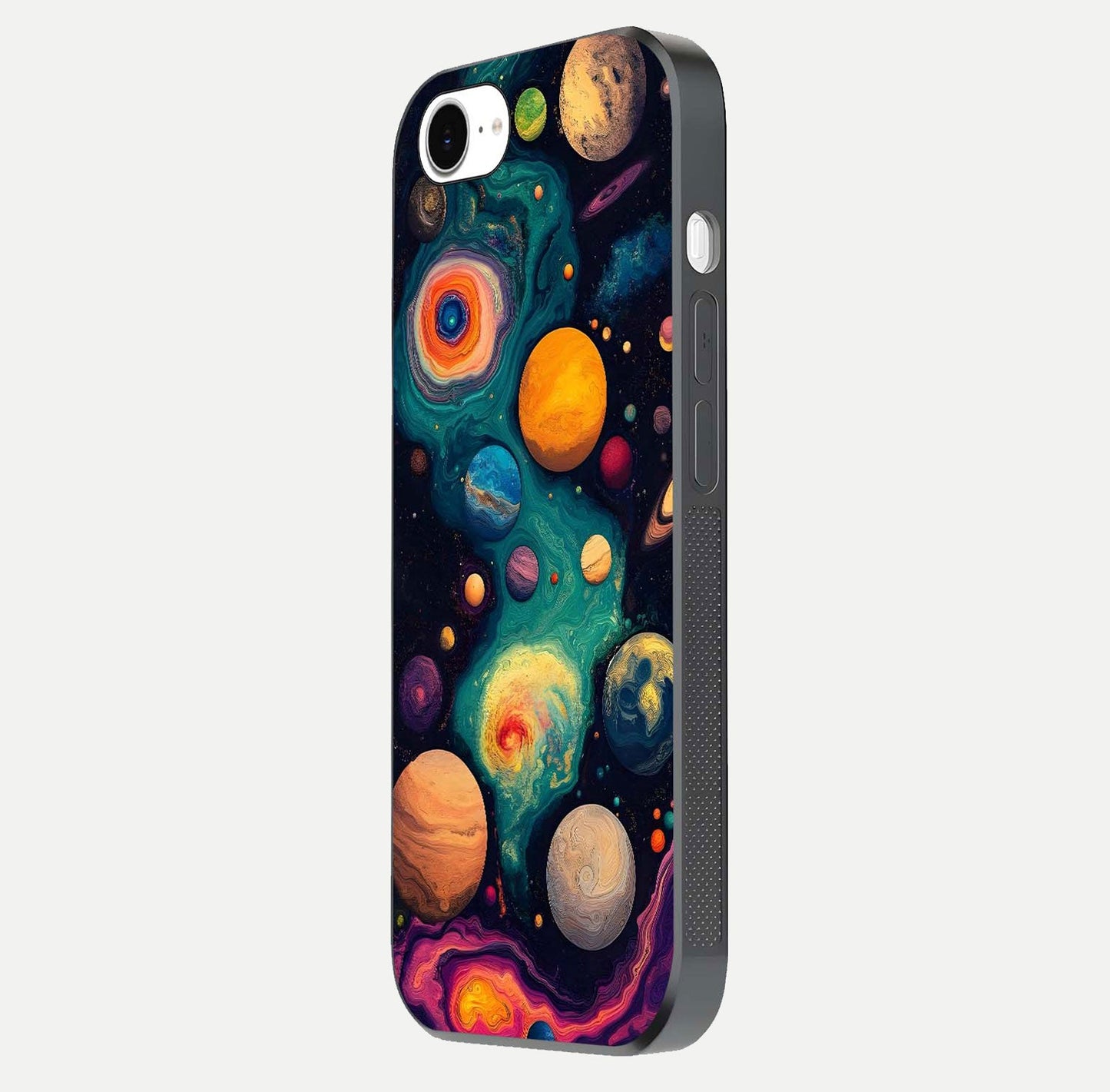 Cosmic Planet Journey Glass Case for iPhone 16e side-angle image capturing smooth gloss and reflective edges