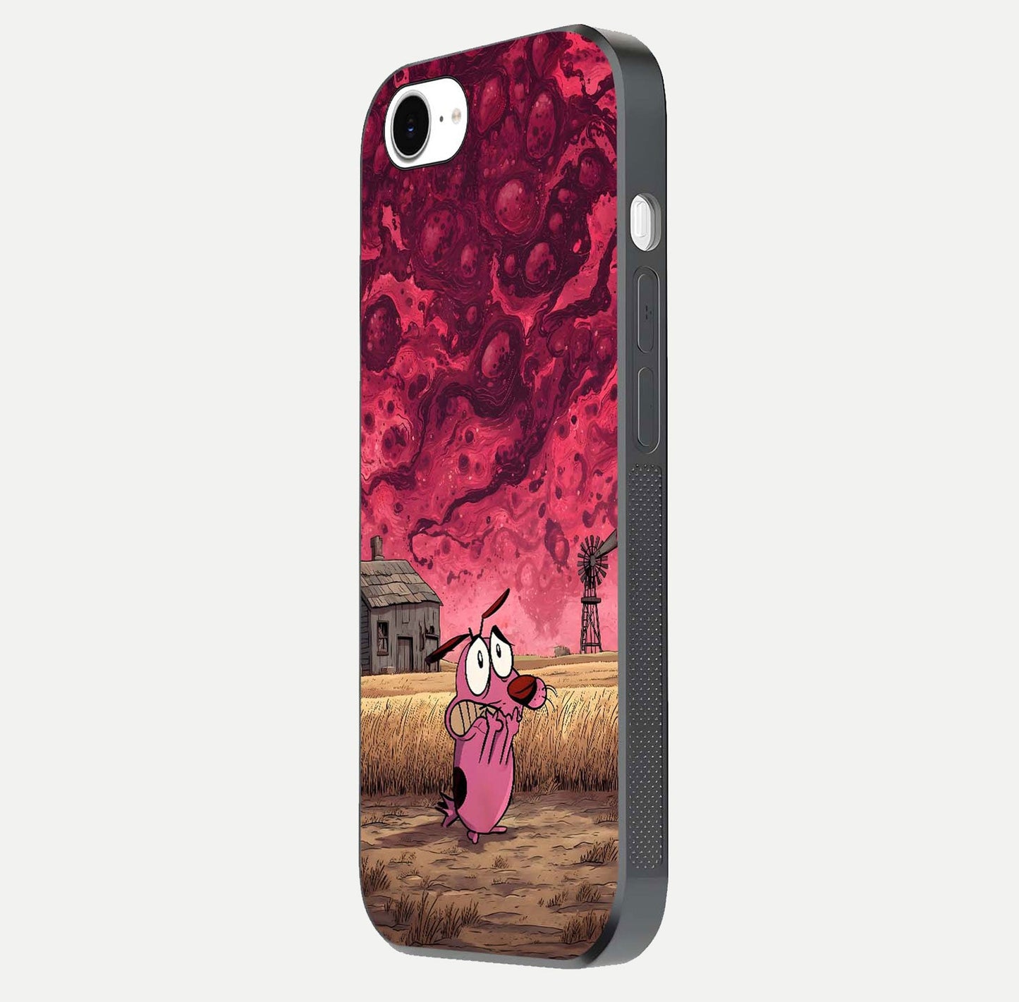 Courage Under Sky Glass Case for iPhone 16e side-angle photo showing gloss tone and curve highlight