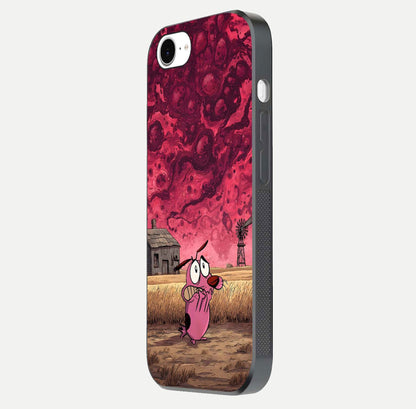 Courage Under Sky Glass Case for iPhone 16e side-angle photo showing gloss tone and curve highlight
