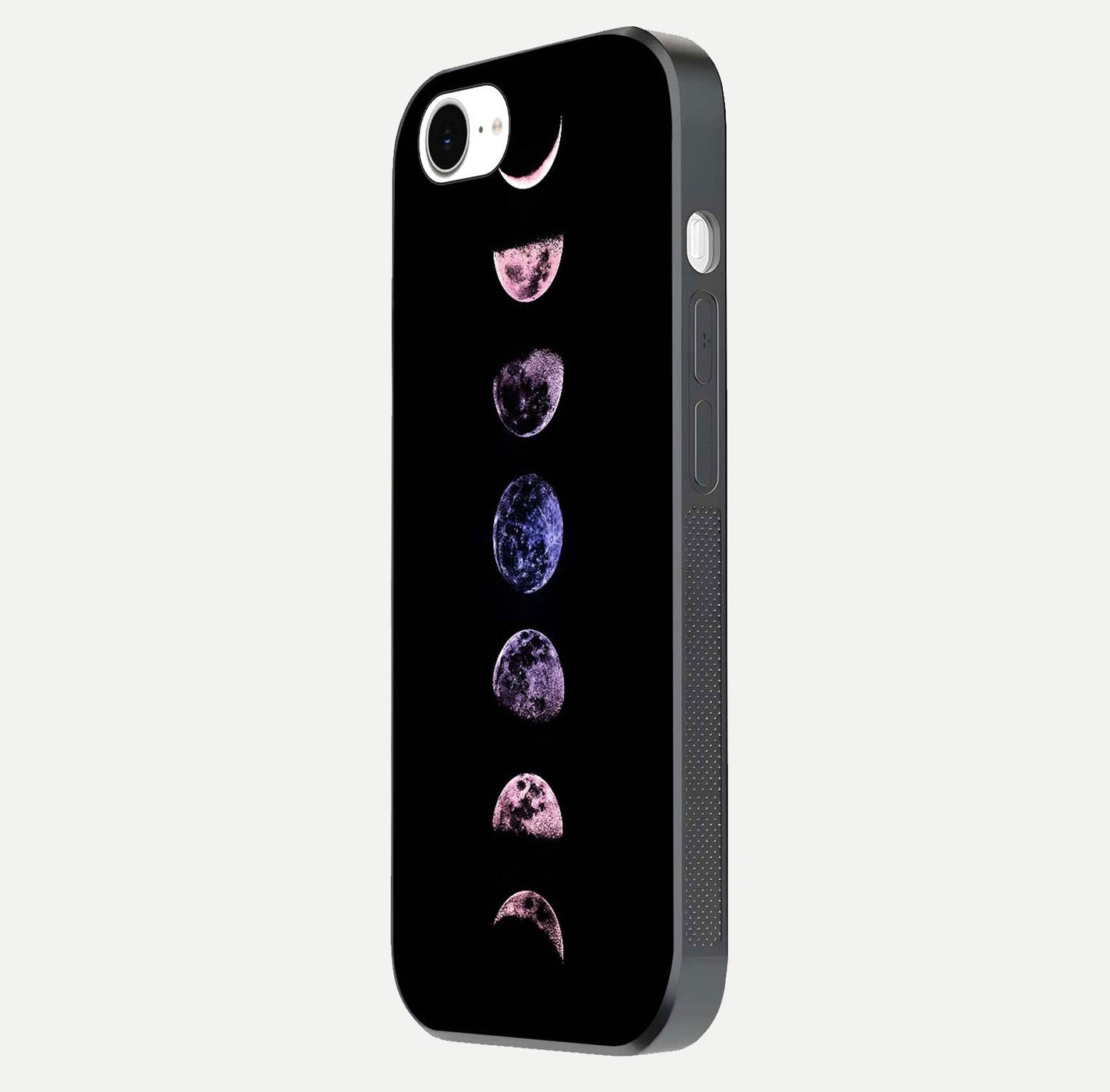 Crimson All Planets Glass Case for iPhone 16e side-angle photo capturing edge glow and glass reflection