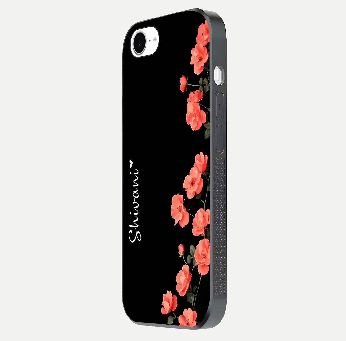 Crimson Bloom Grace Custom Name Glass Case for iPhone 16e side-angle photo capturing edge glow and name clarity
